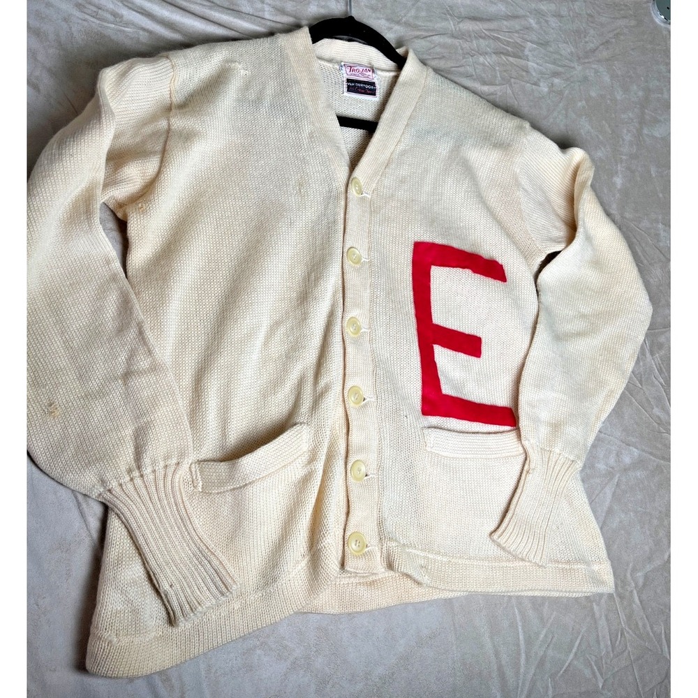 Vtg 1950s Trojan Varsity Letterman Cardigan Sweater Cream Wool size 44